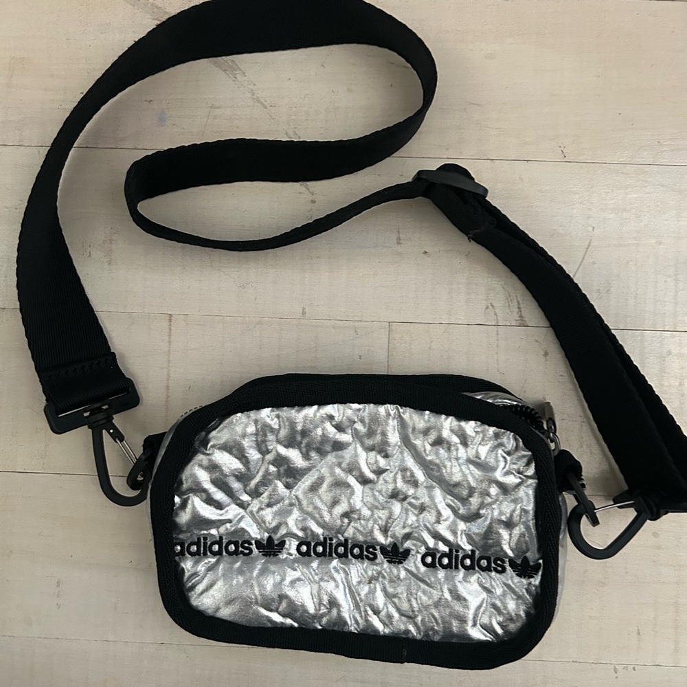 Adidas Metallic Silver and Black Crossbody Bag